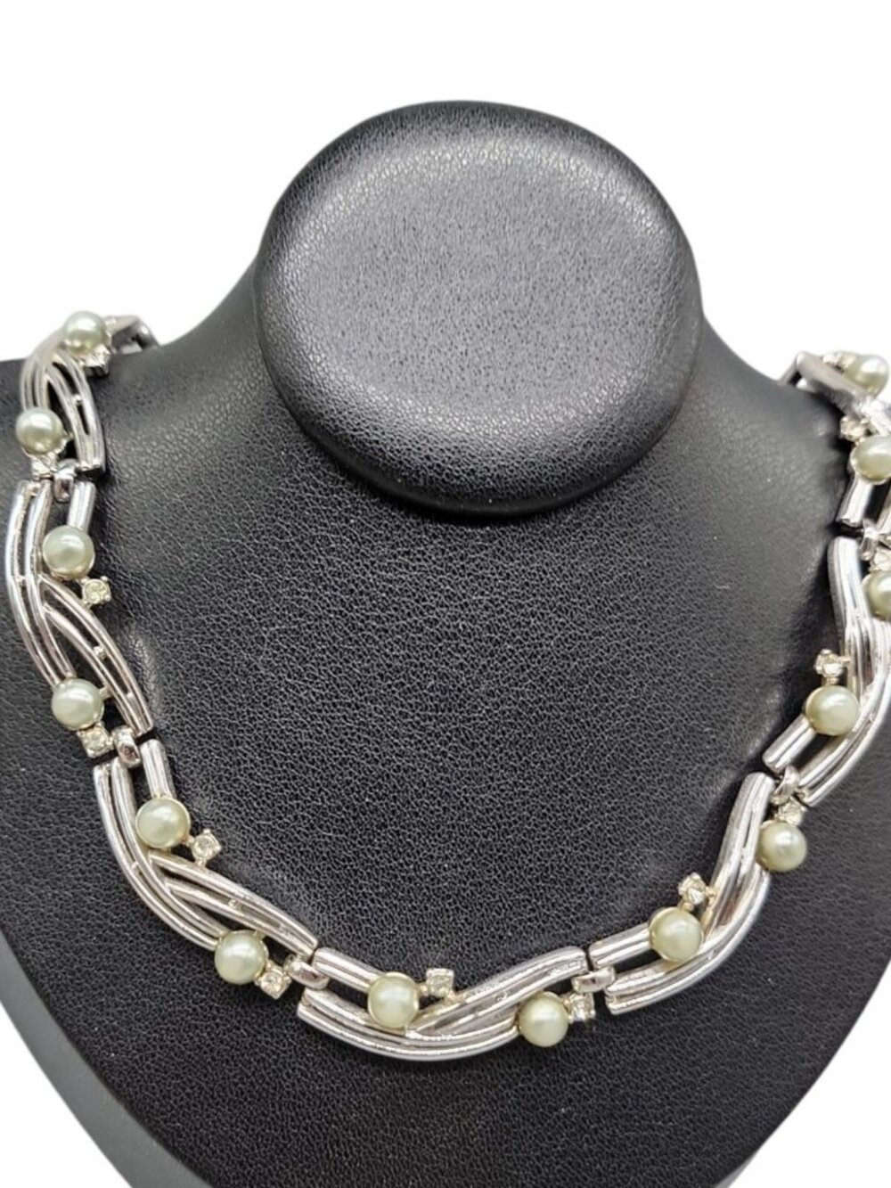 Trifari Rare Choker Necklace 16" Silver Tone Faux Gray Pearls Rhinestones